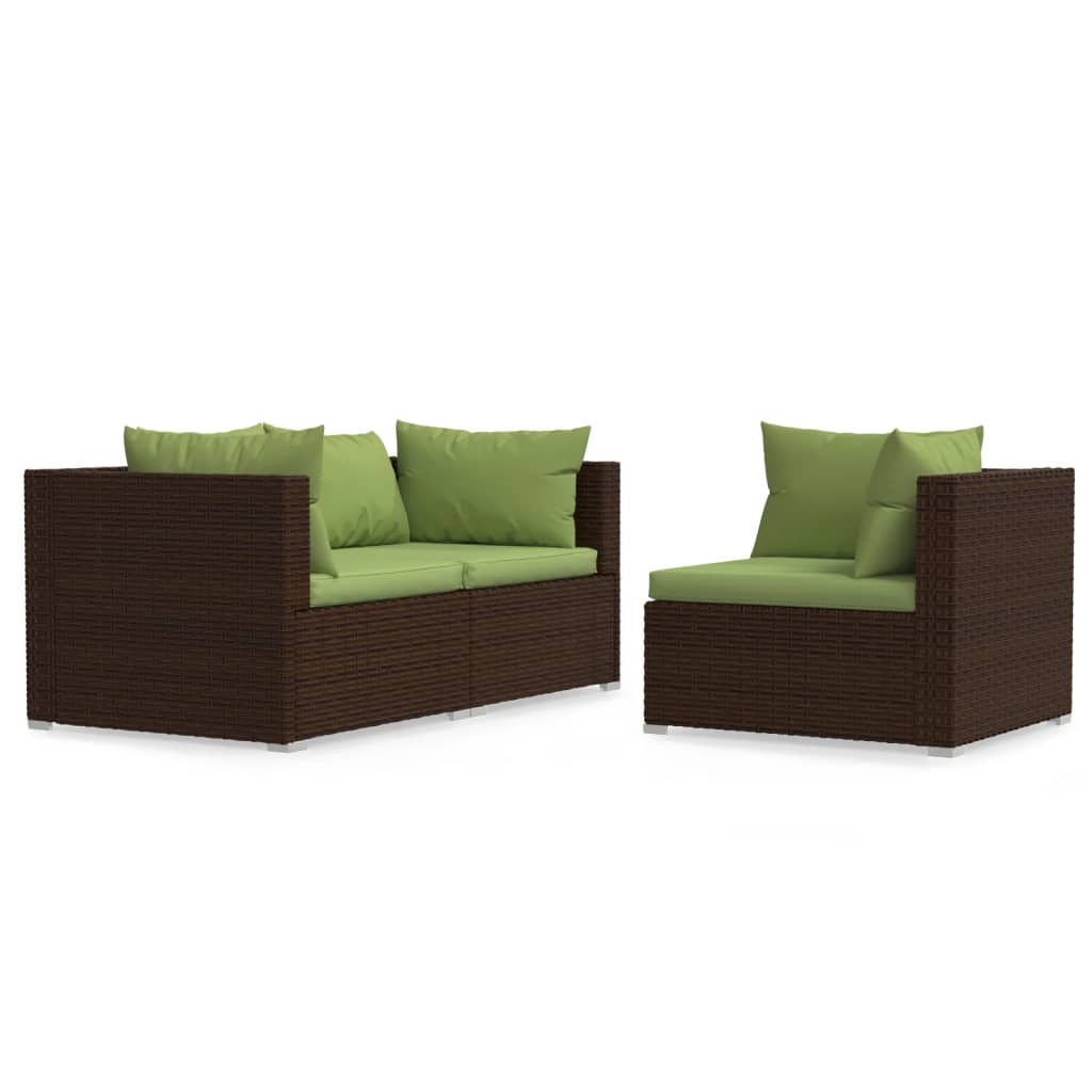 3-Delige Loungeset Met Kussens Poly Rattan Bruin en groen