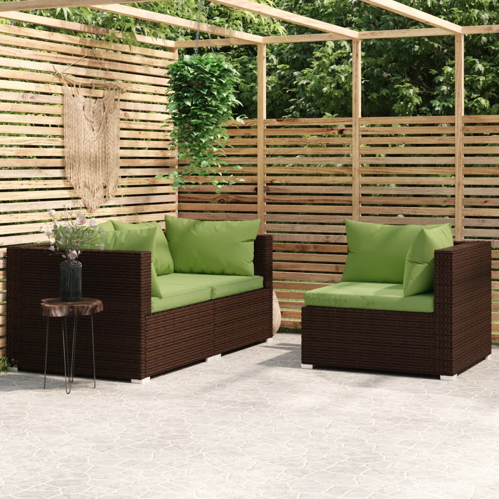 3-Delige Loungeset Met Kussens Poly Rattan Bruin en groen