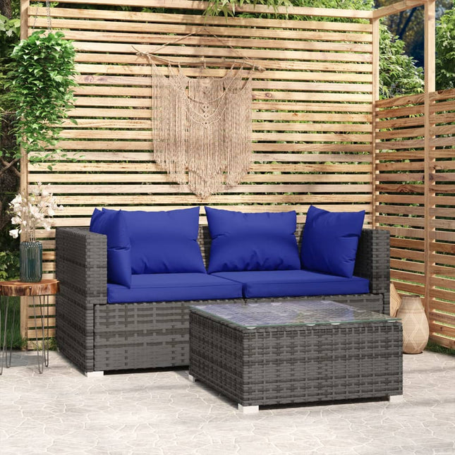 3-Delige Loungeset Met Kussens Poly Rattan Grijs en donkerblauw 2x hoek + Tafel