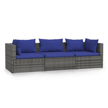 Tuinbank 3-Zits Met Kussens Poly Rattan Grijs en donkerblauw 2x hoek + midden
