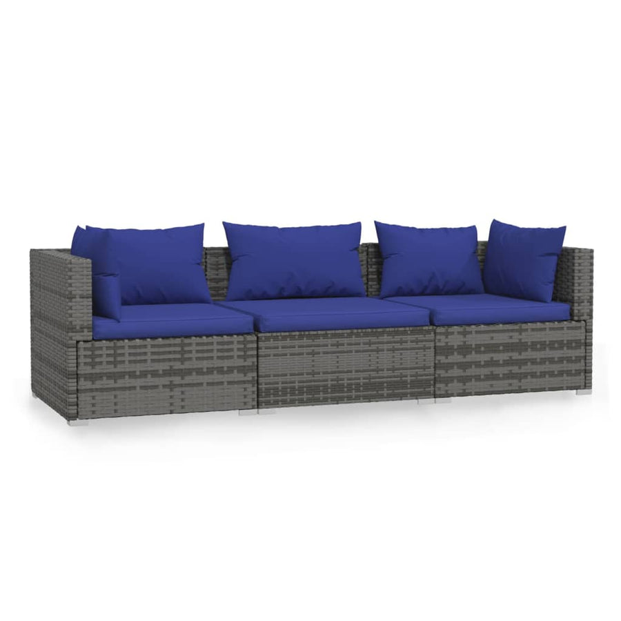 Tuinbank 3-Zits Met Kussens Poly Rattan Grijs en donkerblauw 2x hoek + midden