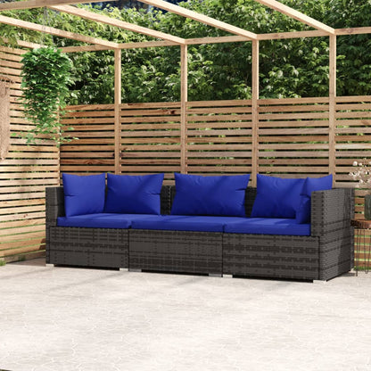 Tuinbank 3-Zits Met Kussens Poly Rattan Grijs en donkerblauw 2x hoek + midden