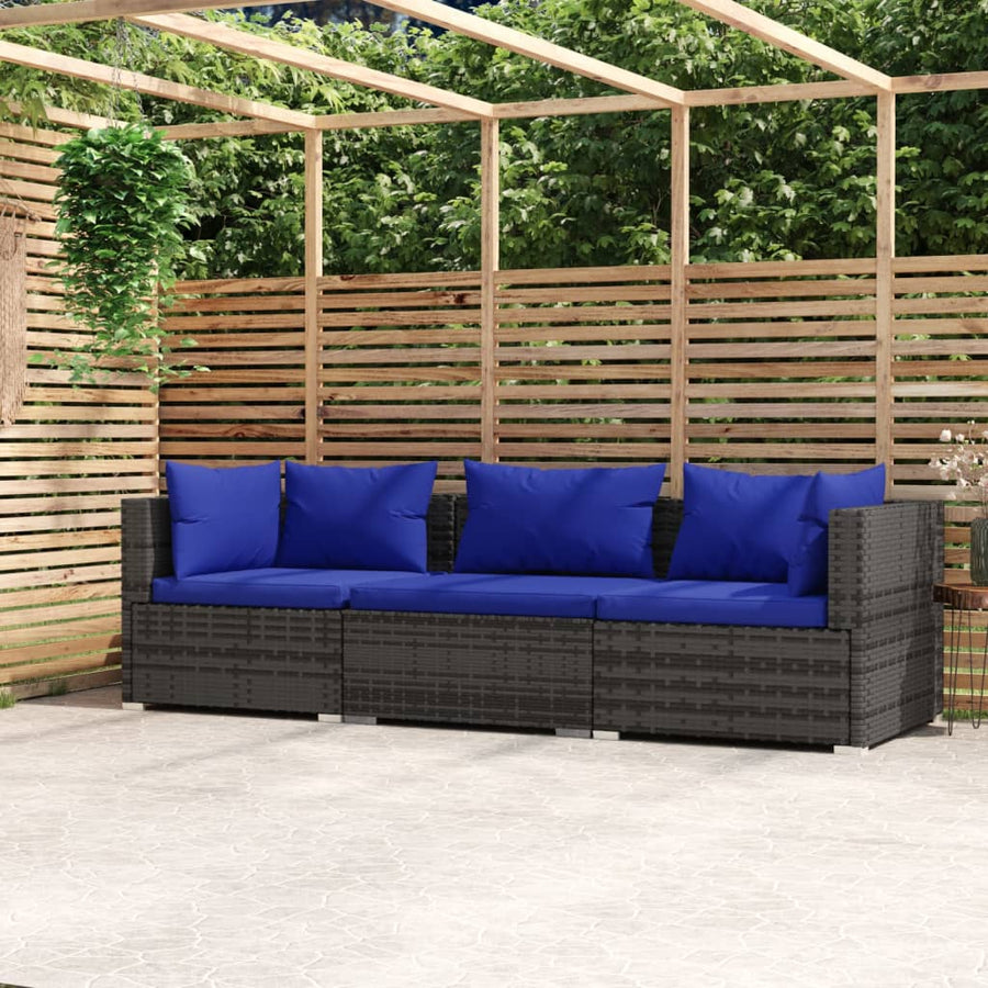 Tuinbank 3-Zits Met Kussens Poly Rattan Grijs en donkerblauw 2x hoek + midden