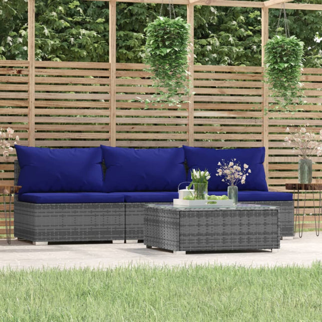 4-Delige Loungeset Met Kussens Poly Rattan Grijs en donkerblauw Driezitsbank + Tafel