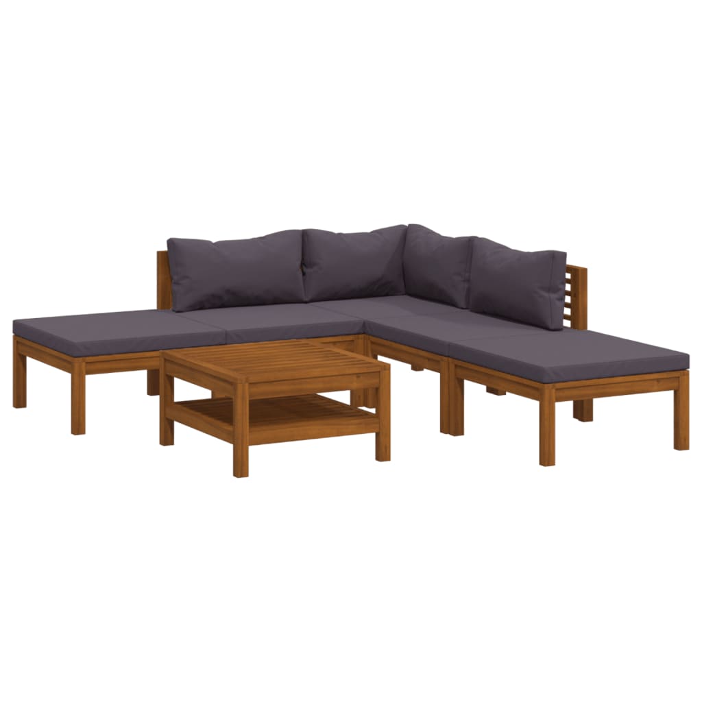6-Delige Loungeset Met Kussens Massief Acaciahout Donkergrijs hoek + 2x midden + 2x voetensteun + Tafel