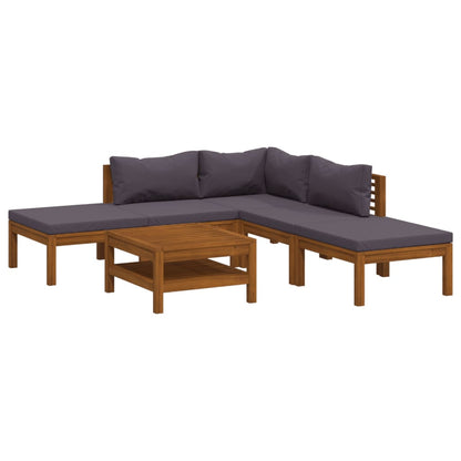 6-Delige Loungeset Met Kussens Massief Acaciahout Donkergrijs hoek + 2x midden + 2x voetensteun + Tafel