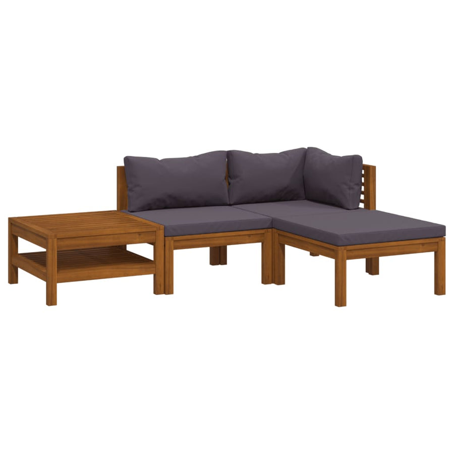 4-Delige Loungeset Met Kussens Massief Acaciahout Donkergrijs hoek + midden + voetensteun + Tafel