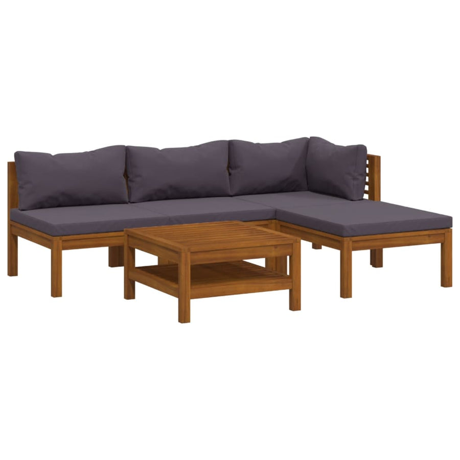 5-Delige Loungeset Met Kussens Massief Acaciahout Donkergrijs hoek + 2x midden + voetensteun + Tafel