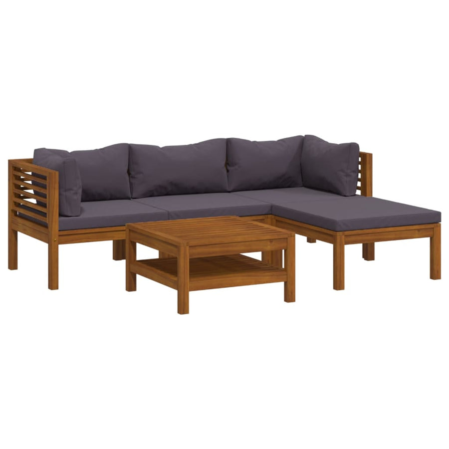 5-Delige Loungeset Met Kussens Massief Acaciahout Donkergrijs 2x hoek + midden + voetensteun + Tafel