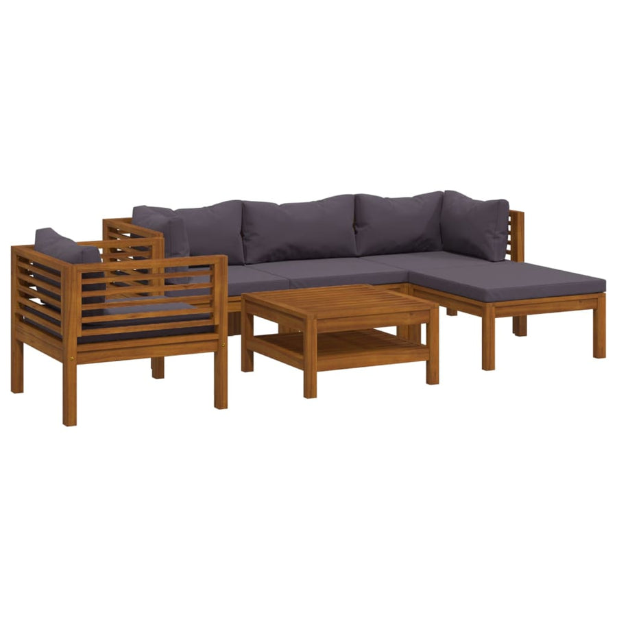 6-Delige Loungeset Met Kussens Massief Acaciahout Donkergrijs 2x hoek + midden + Fauteuil + voetensteun + Tafel