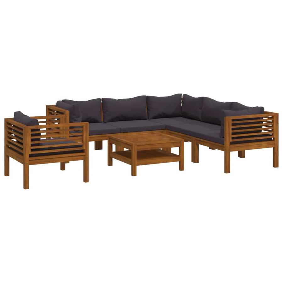 7-Delige Loungeset Met Kussens Massief Acaciahout Donkergrijs 3x hoek + 2x midden + Fauteuil + Tafel