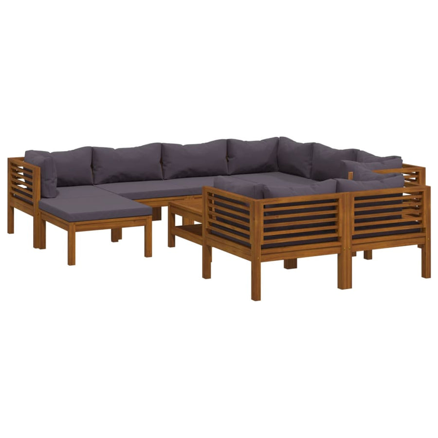0-Delige Loungeset Met Kussens Massief Acaciahout Donkergrijs 5x hoek + 3x midden + voetensteun + Tafel