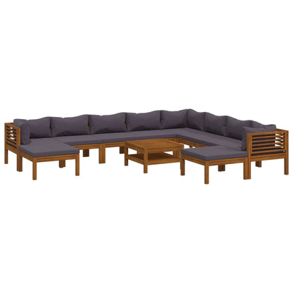 -Delige Loungeset Met Kussens Massief Acaciahout Donkergrijs 3x hoek + 5x midden + 2x voetensteun + Tafel