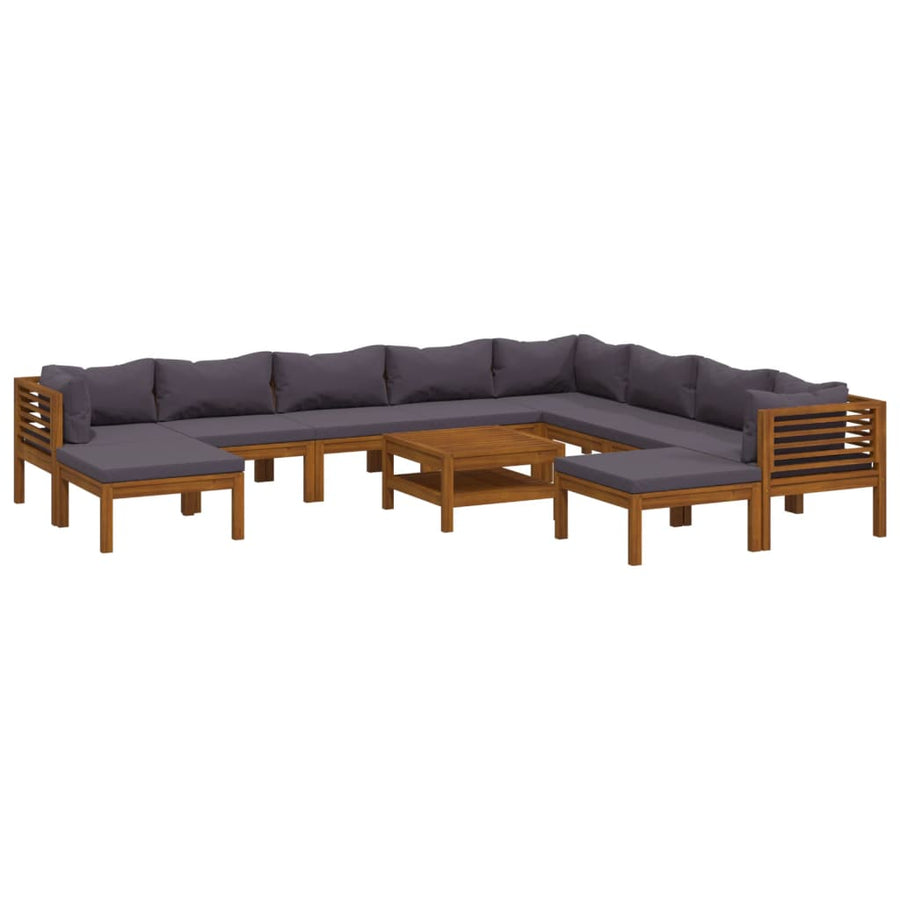 -Delige Loungeset Met Kussens Massief Acaciahout Donkergrijs 3x hoek + 5x midden + 2x voetensteun + Tafel