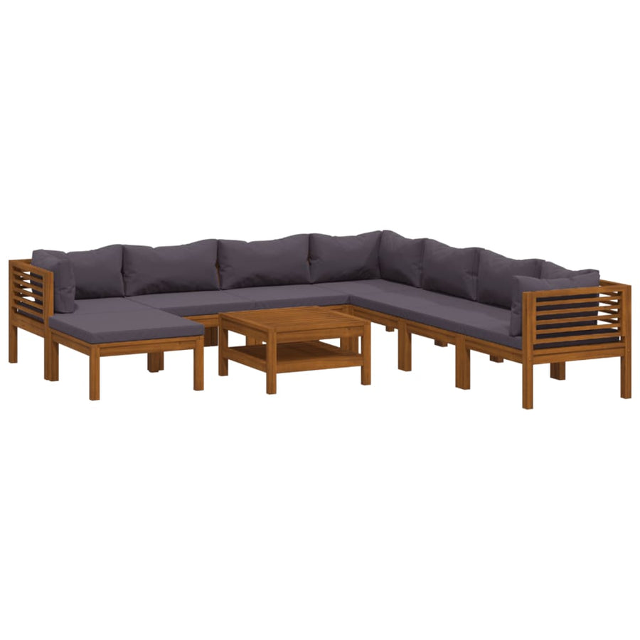 9-Delige Loungeset Met Kussens Massief Acaciahout Donkergrijs 3x hoek + 4x midden + voetensteun + Tafel