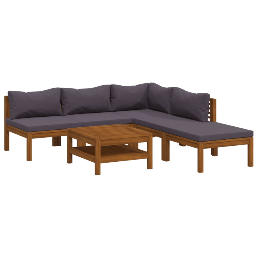 6-Delige Loungeset Met Kussens Massief Acaciahout Donkergrijs hoek + 3x midden + voetensteun + Tafel