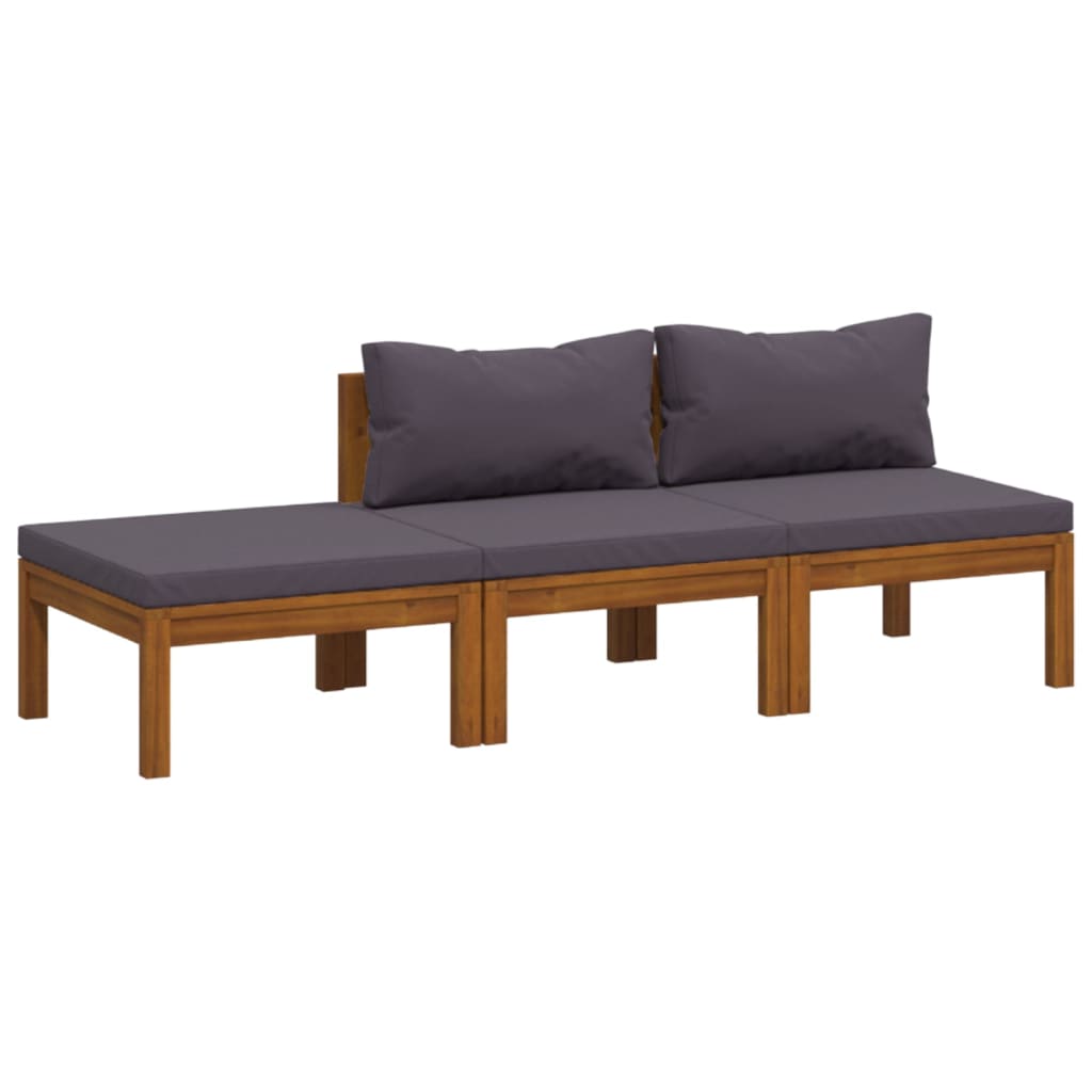 3-Delige Loungeset Met Kussens Massief Acaciahout Donkergrijs 2x midden + voetensteun