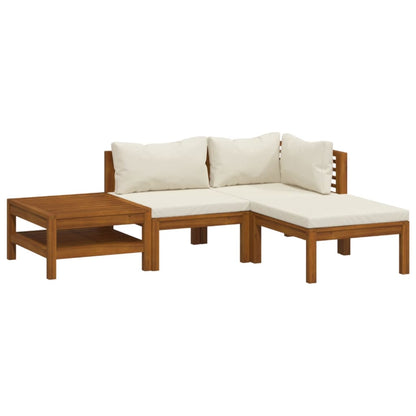 4-Delige Loungeset Met Kleurige Kussens Massief Acaciahout Crème hoek + midden + voetensteun + Tafel