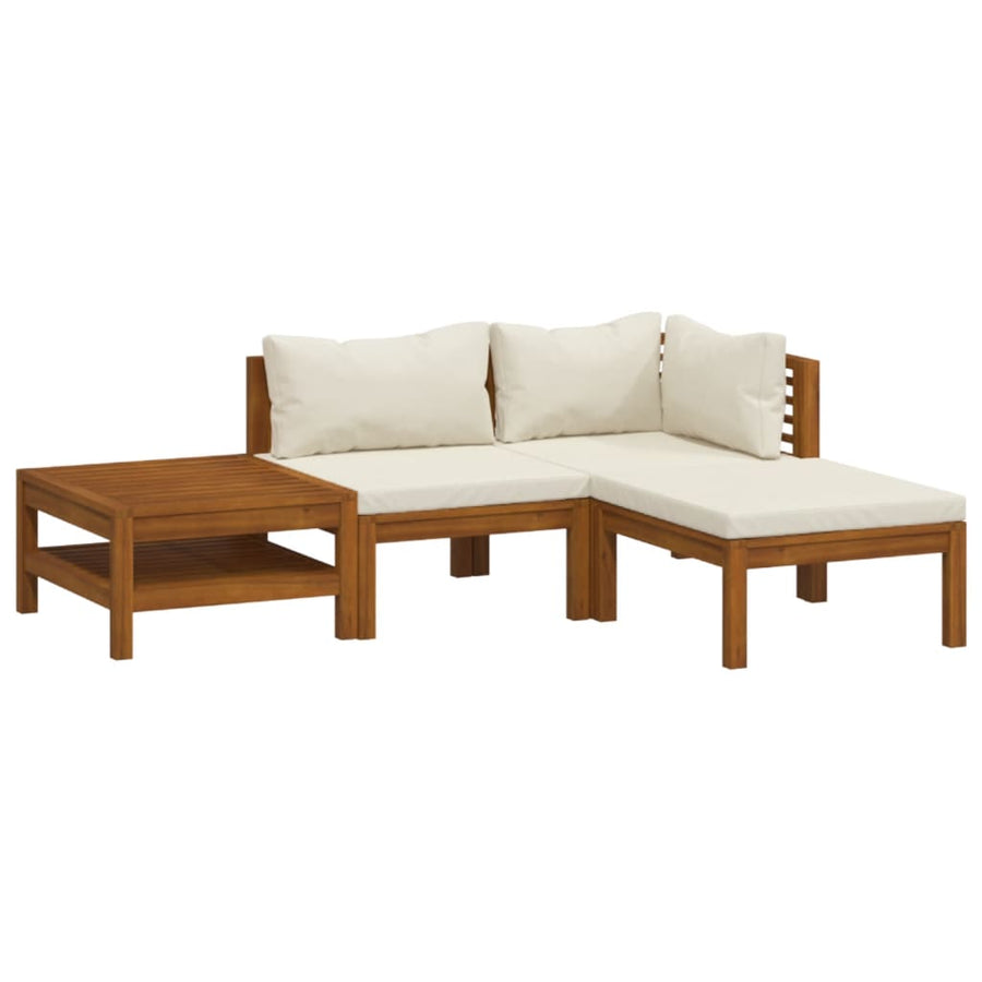 4-Delige Loungeset Met Kleurige Kussens Massief Acaciahout Crème hoek + midden + voetensteun + Tafel