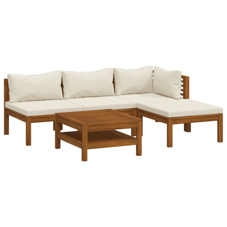 5-Delige Loungeset Met Kleurige Kussens Massief Acaciahout Crème hoek + 2x midden + voetensteun + Tafel
