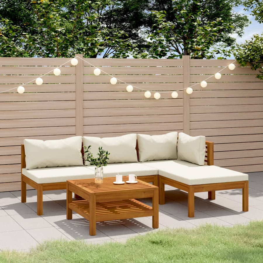 5-Delige Loungeset Met Kleurige Kussens Massief Acaciahout Crème hoek + 2x midden + voetensteun + Tafel