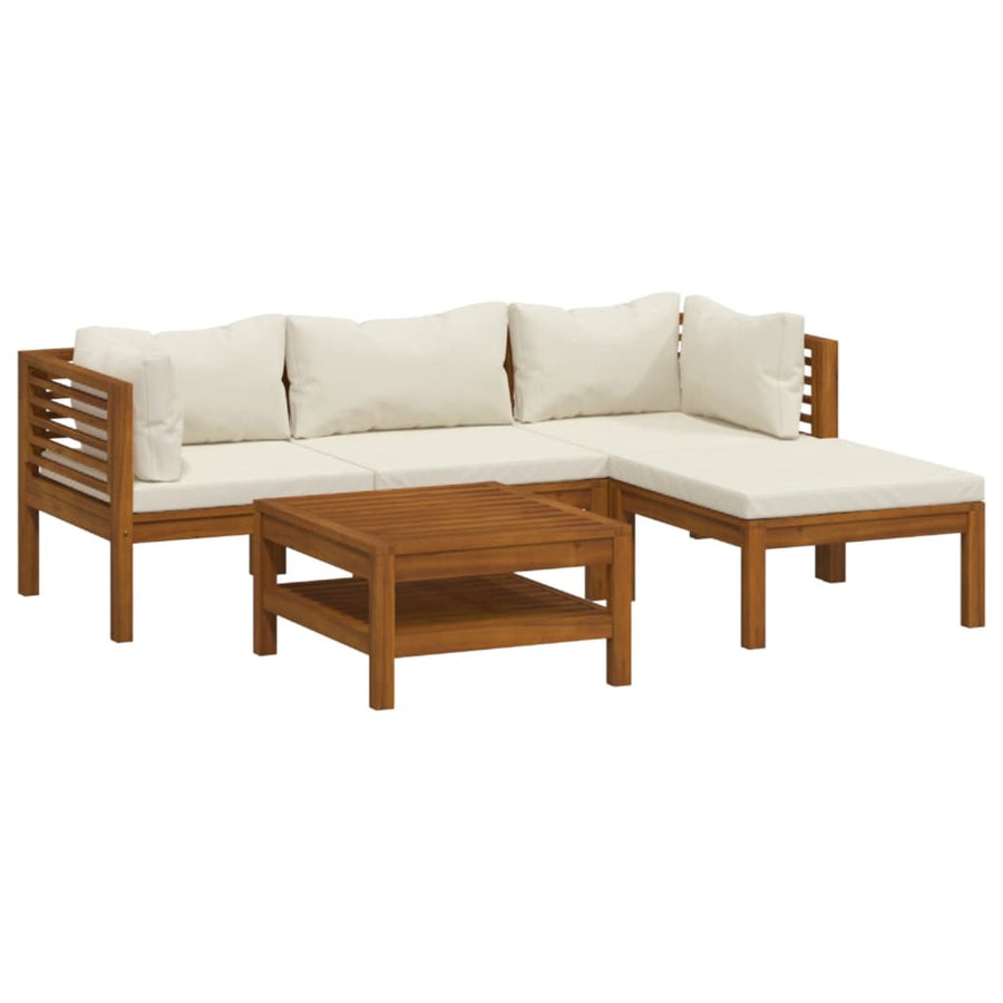 5-Delige Loungeset Met Kleurige Kussens Massief Acaciahout Crème 2x hoek + midden + voetensteun + Tafel