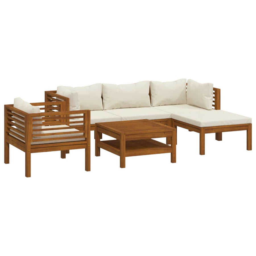 6-Delige Loungeset Met Crèmekleurige Kussens Massief Acaciahout 1 2x hoek + midden + Fauteuil + voetensteun + Tafel