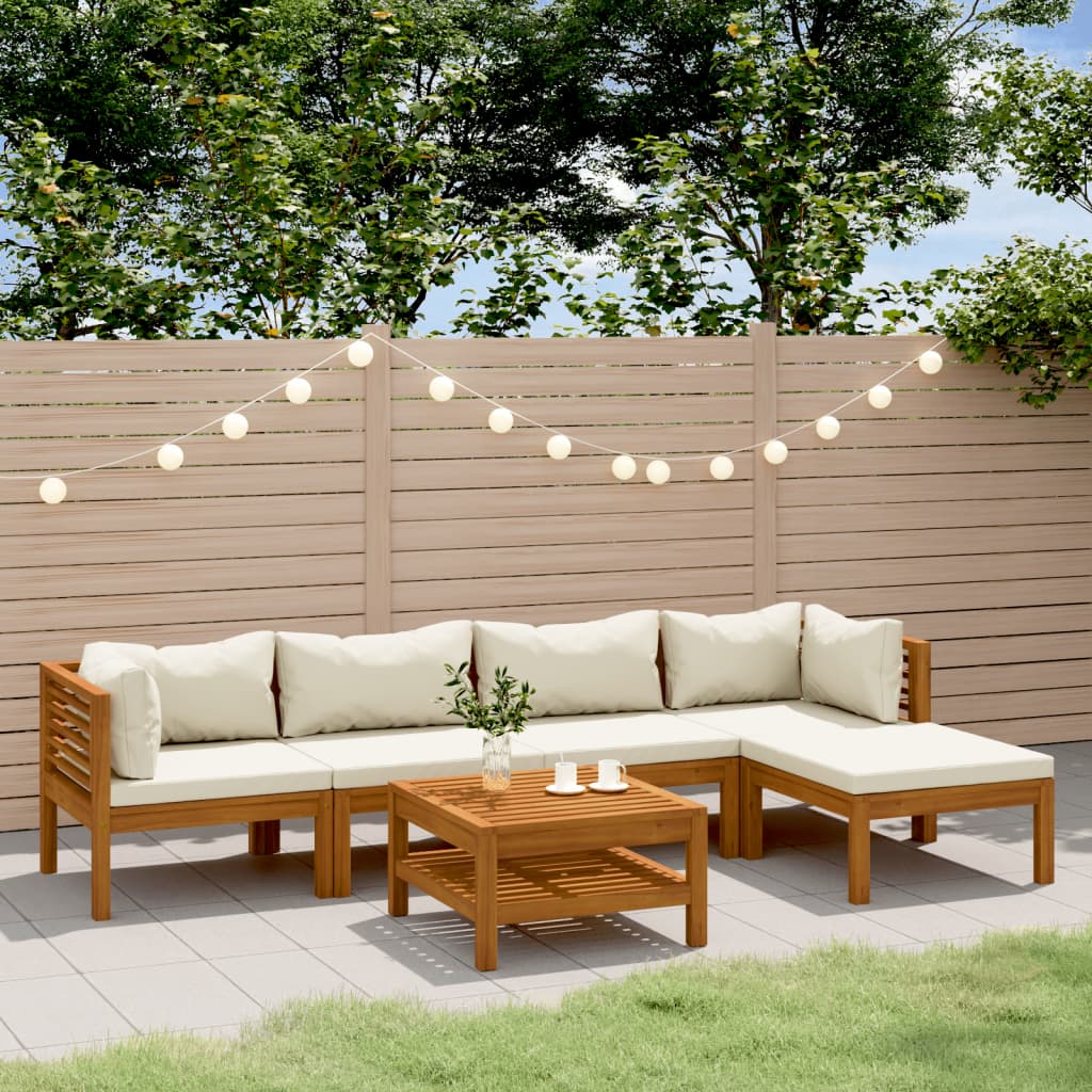6-Delige Loungeset Met Kleurige Kussens Massief Acaciahout Crème 2x hoek + 2x midden + voetensteun + Tafel