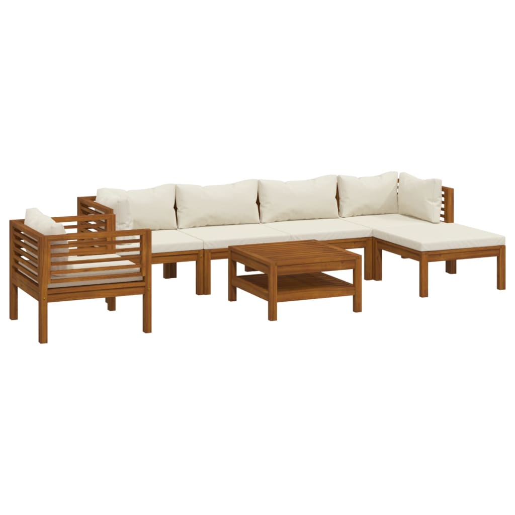 7-Delige Loungeset Met Crèmekleurige Kussens Massief Acaciahout 2x hoek + 2x midden + Fauteuil + voetensteun + Tafel