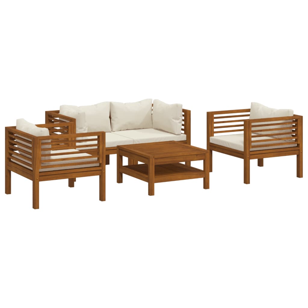 5-Delige Loungeset Met Crèmekleurige Kussens Massief Acaciahout 1 2x hoek + 2x Fauteuil + Tafel