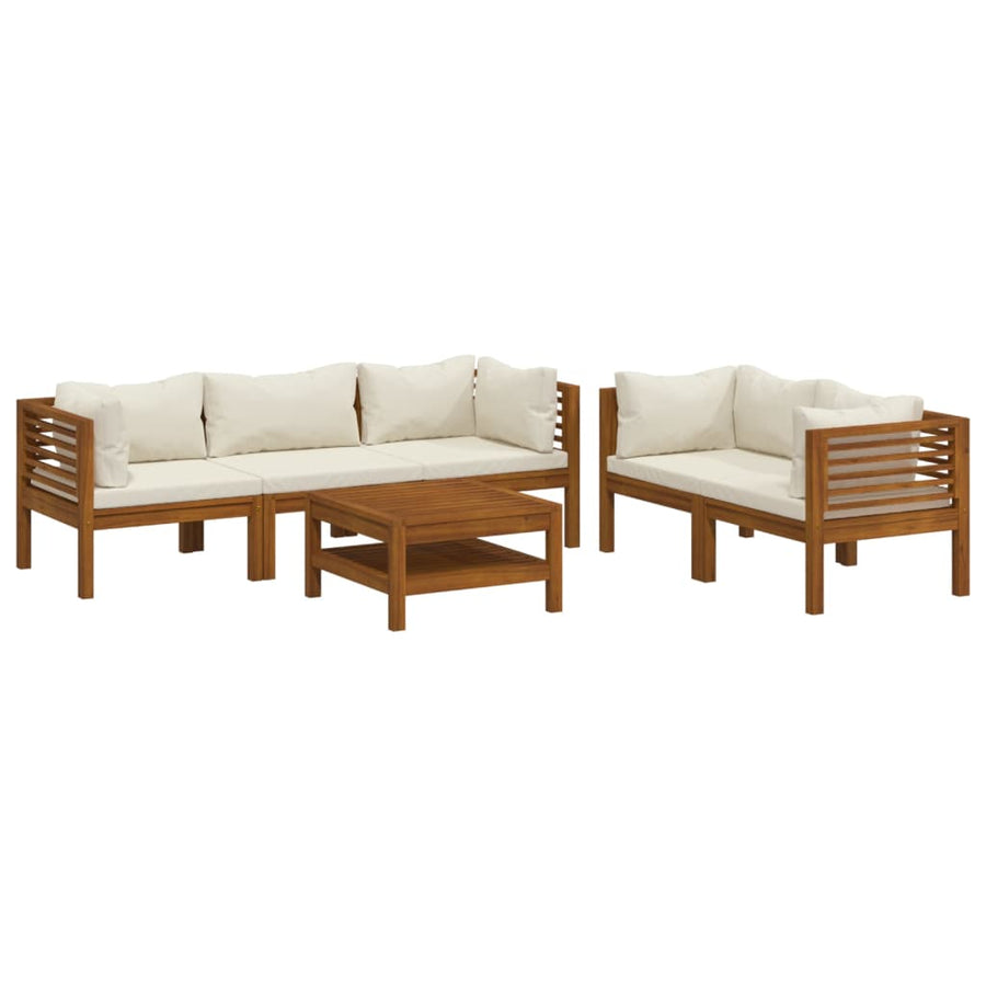 6-Delige Loungeset Met Kleurige Kussens Massief Acaciahout Crème 4x hoek + midden + Tafel