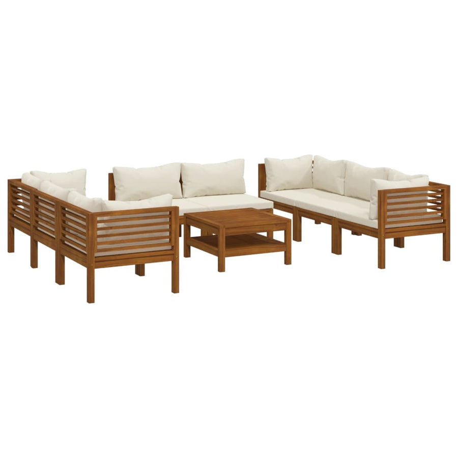 9-Delige Loungeset Met Kleurige Kussens Massief Acaciahout Crème 4x hoek + 4x midden + Tafel