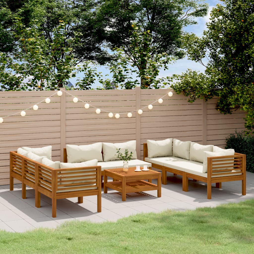 9-Delige Loungeset Met Kleurige Kussens Massief Acaciahout Crème 4x hoek + 4x midden + Tafel