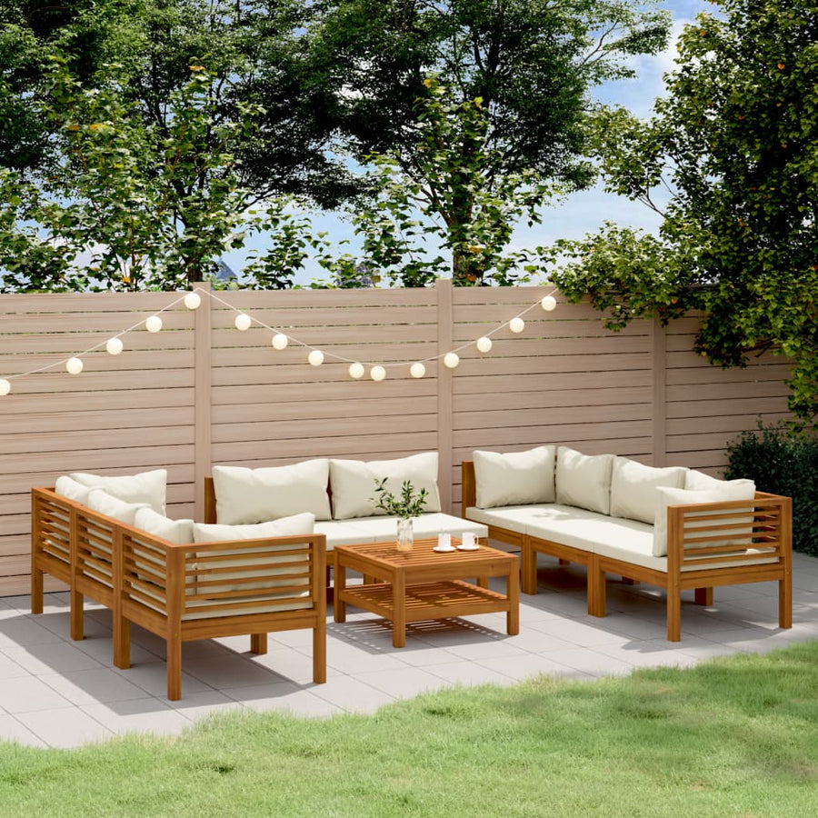 9-Delige Loungeset Met Kleurige Kussens Massief Acaciahout Crème 4x hoek + 4x midden + Tafel