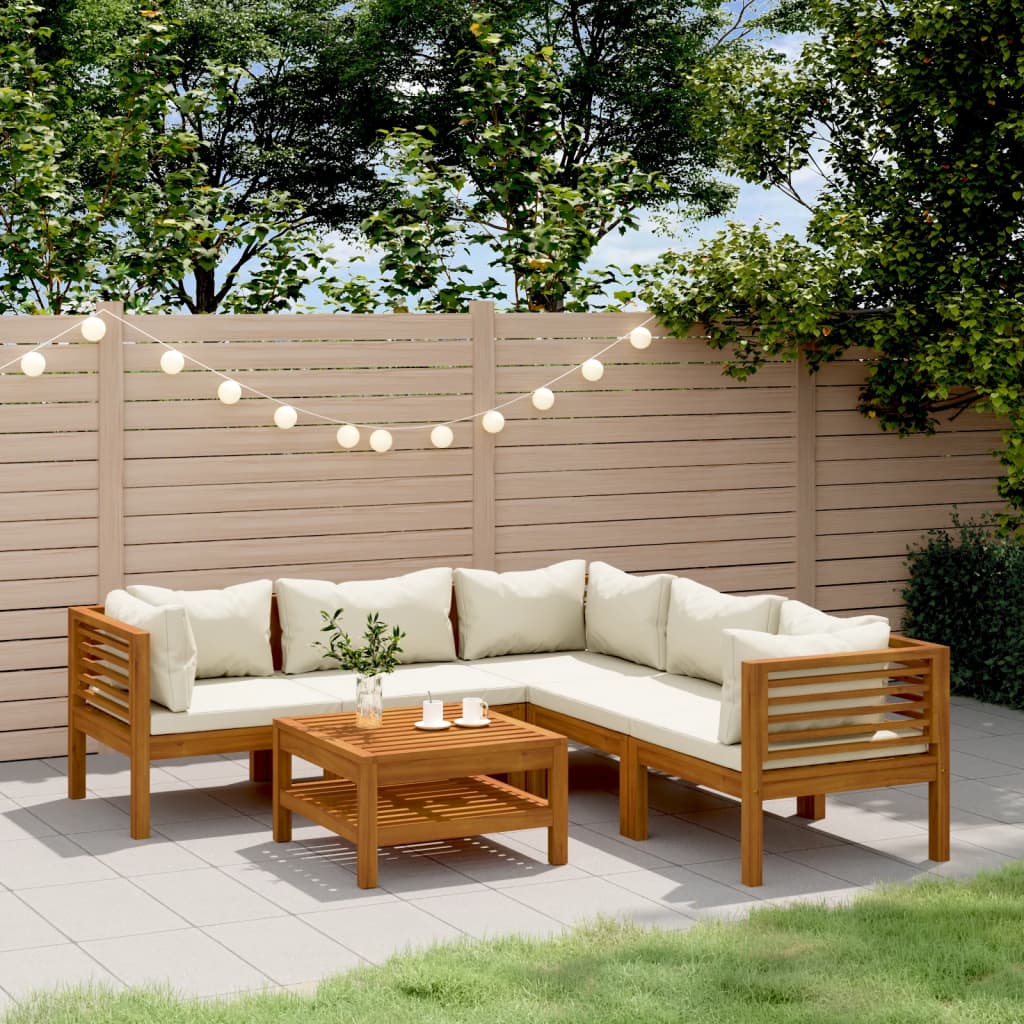 6-Delige Loungeset Met Kleurige Kussens Massief Acaciahout Crème 3x hoek + 2x midden + Tafel