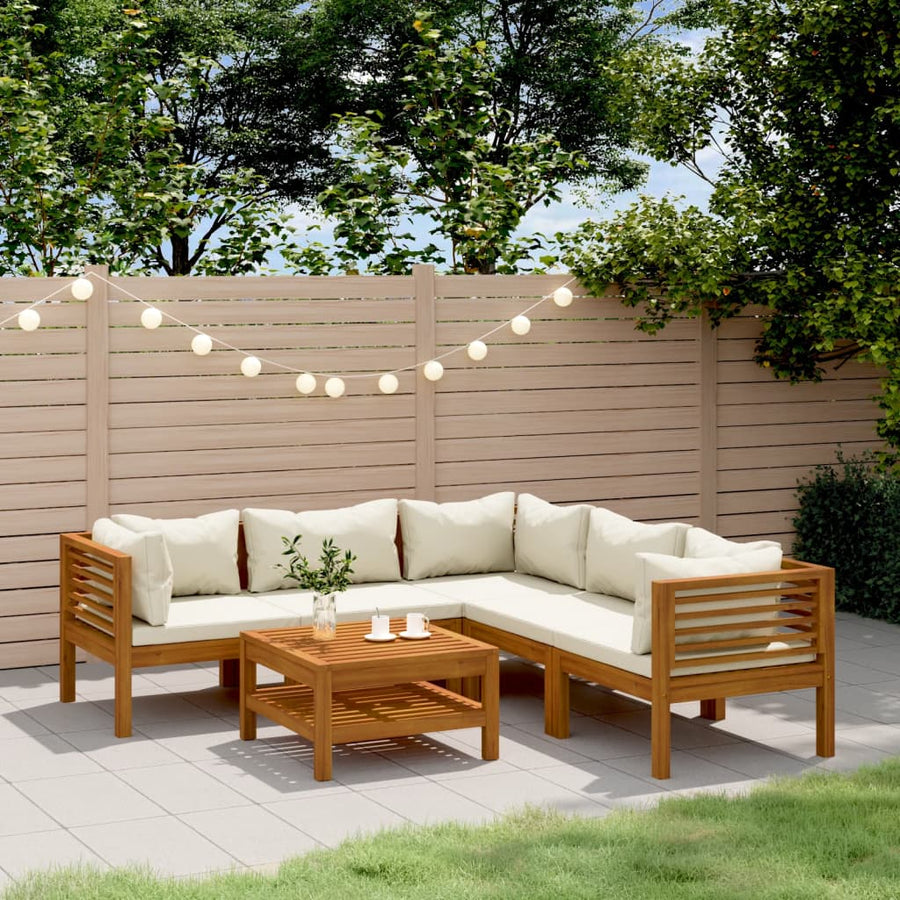 6-Delige Loungeset Met Kleurige Kussens Massief Acaciahout Crème 3x hoek + 2x midden + Tafel