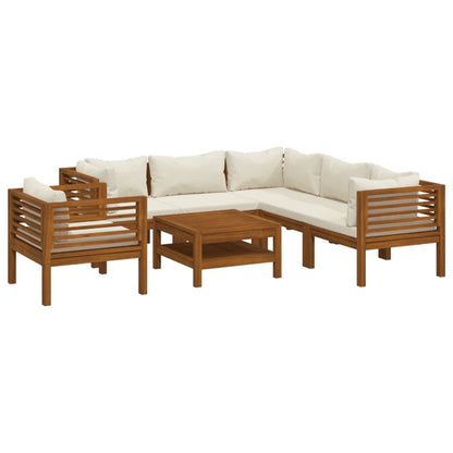 7-Delige Loungeset Met Crèmekleurige Kussens Massief Acaciahout 1 3x hoek + 2x midden + Fauteuil + Tafel