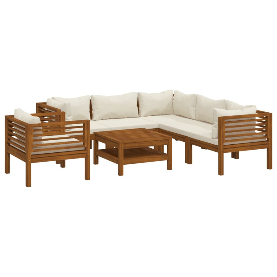 7-Delige Loungeset Met Crèmekleurige Kussens Massief Acaciahout 1 3x hoek + 2x midden + Fauteuil + Tafel