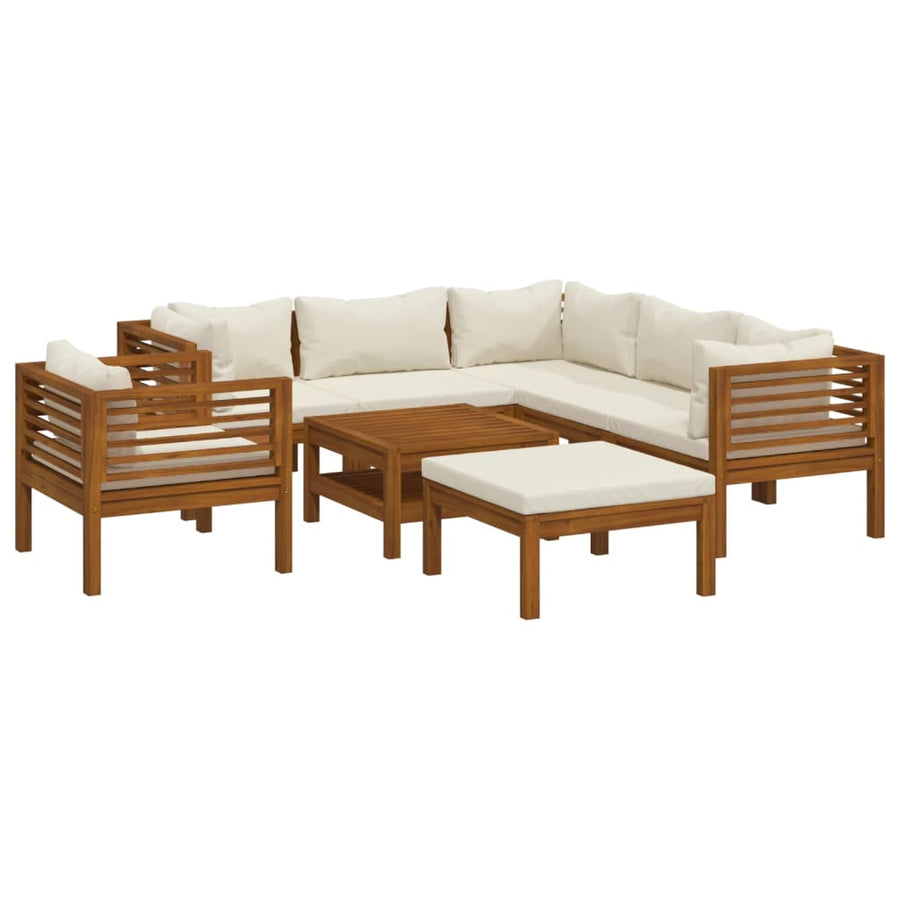 8-Delige Loungeset Met Crèmekleurige Kussens Massief Acaciahout 1 3x hoek + 2x midden + Fauteuil + voetensteun + Tafel
