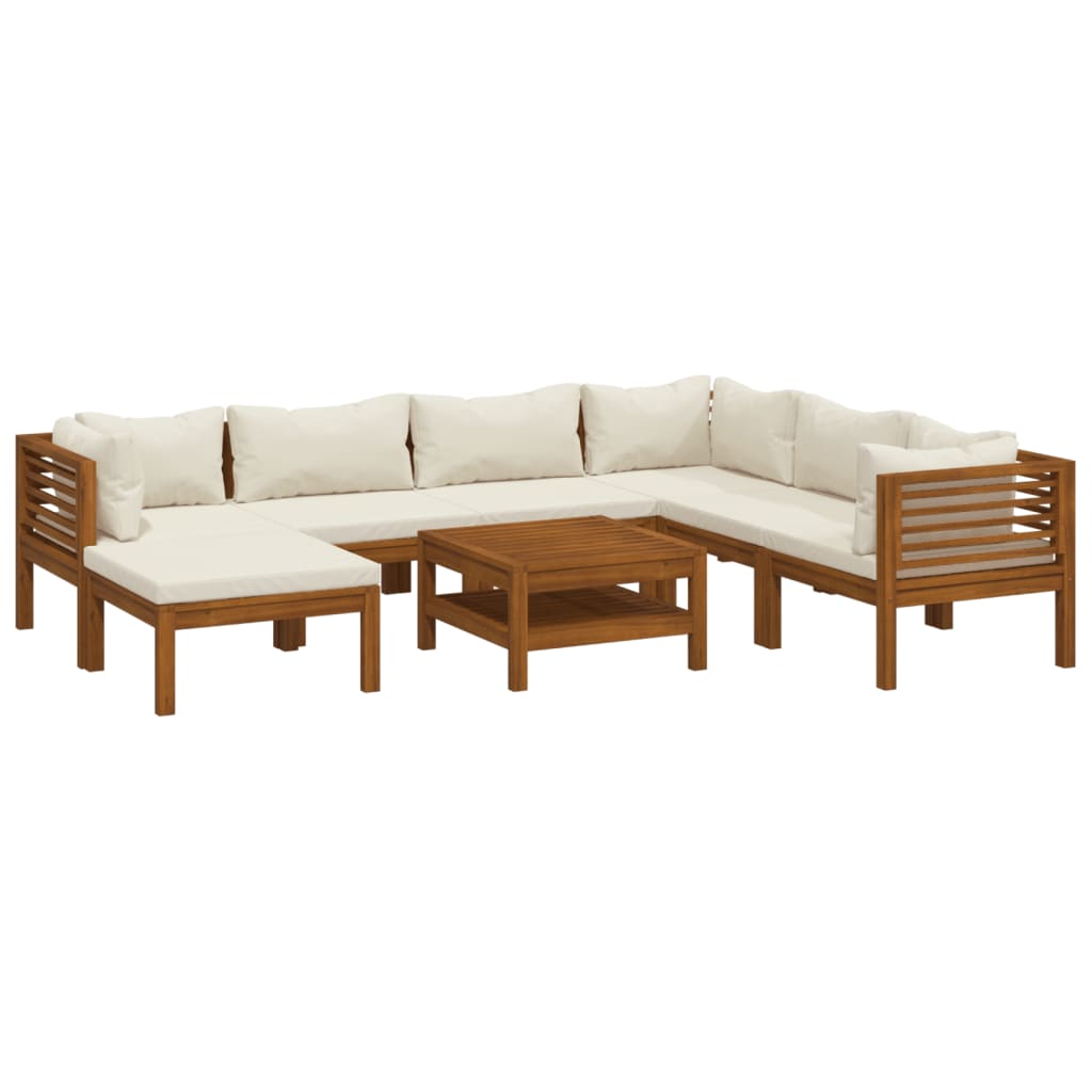 8-Delige Loungeset Met Kleurige Kussens Massief Acaciahout Crème 3x hoek + 3x midden + voetensteun + Tafel