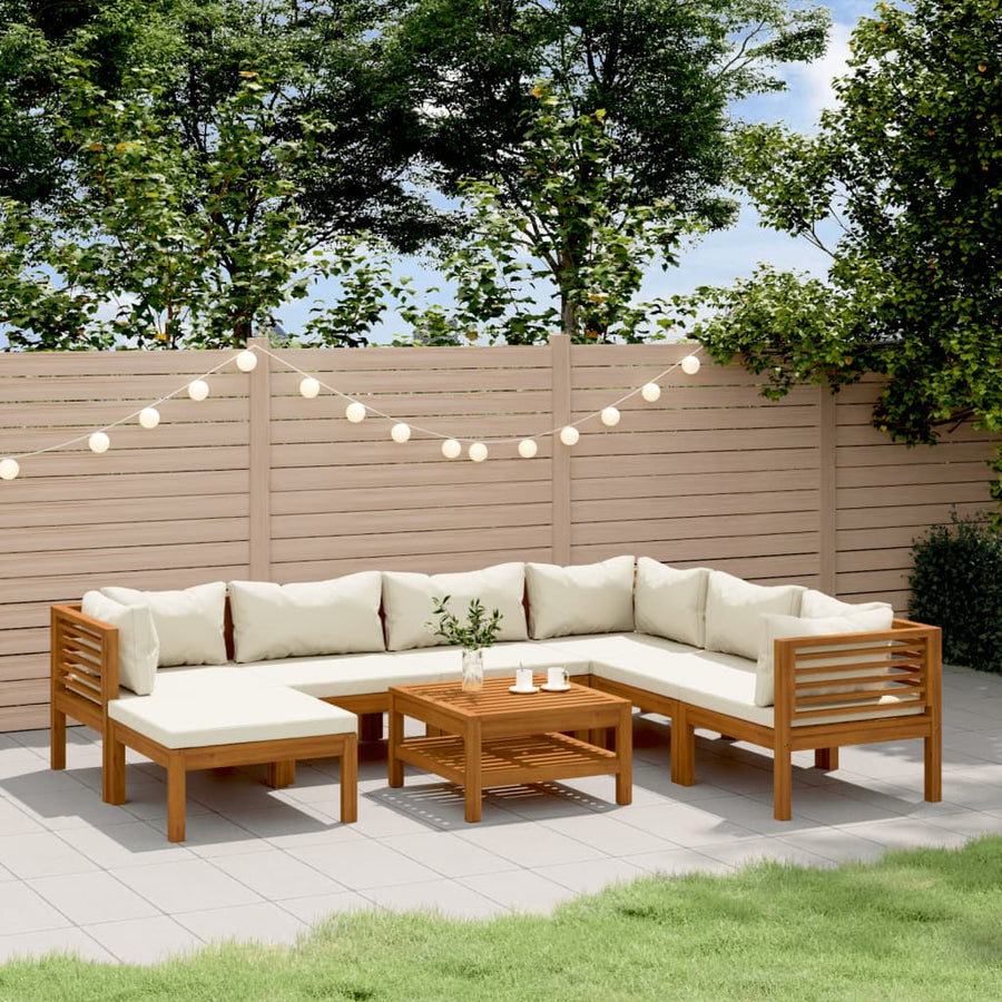 8-Delige Loungeset Met Kleurige Kussens Massief Acaciahout Crème 3x hoek + 3x midden + voetensteun + Tafel