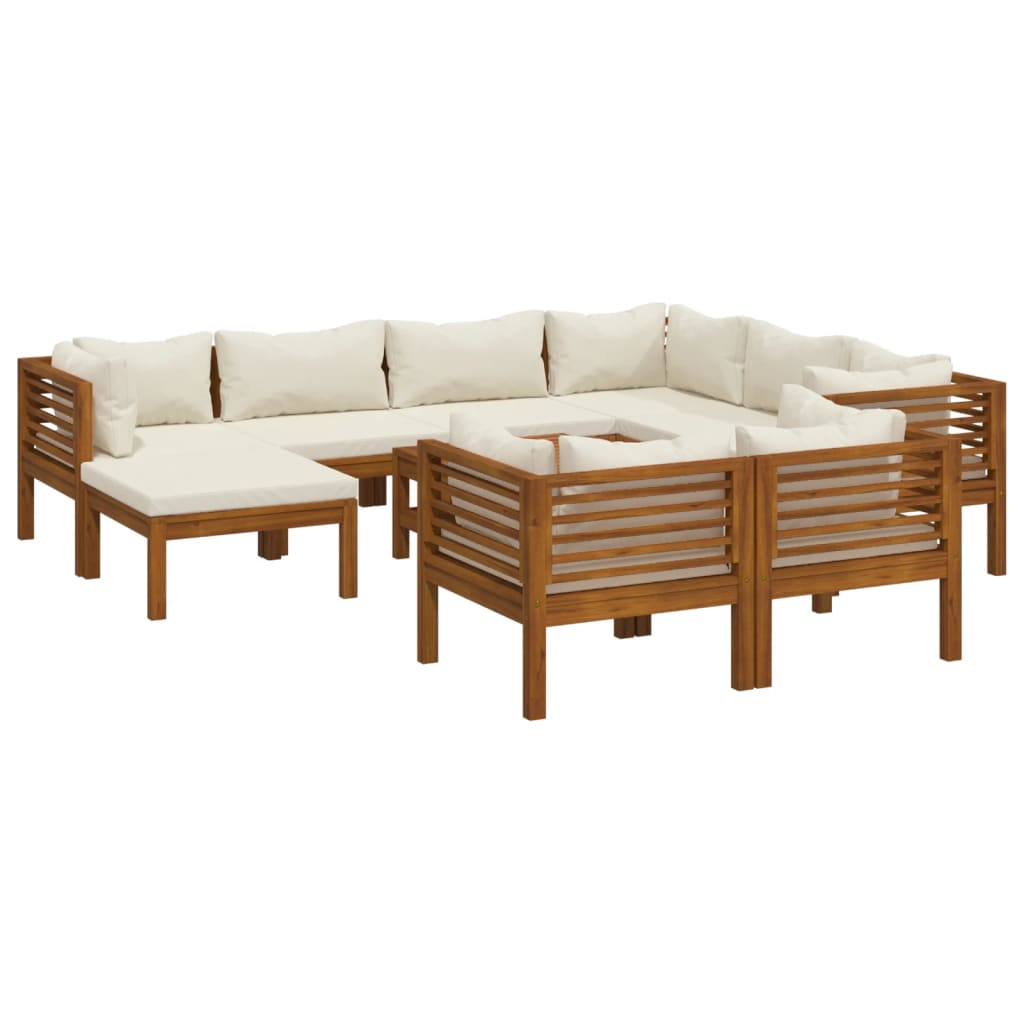 0-Delige Loungeset Met Kleurige Kussens Massief Acaciahout Crème 5x hoek + 3x midden + voetensteun + Tafel