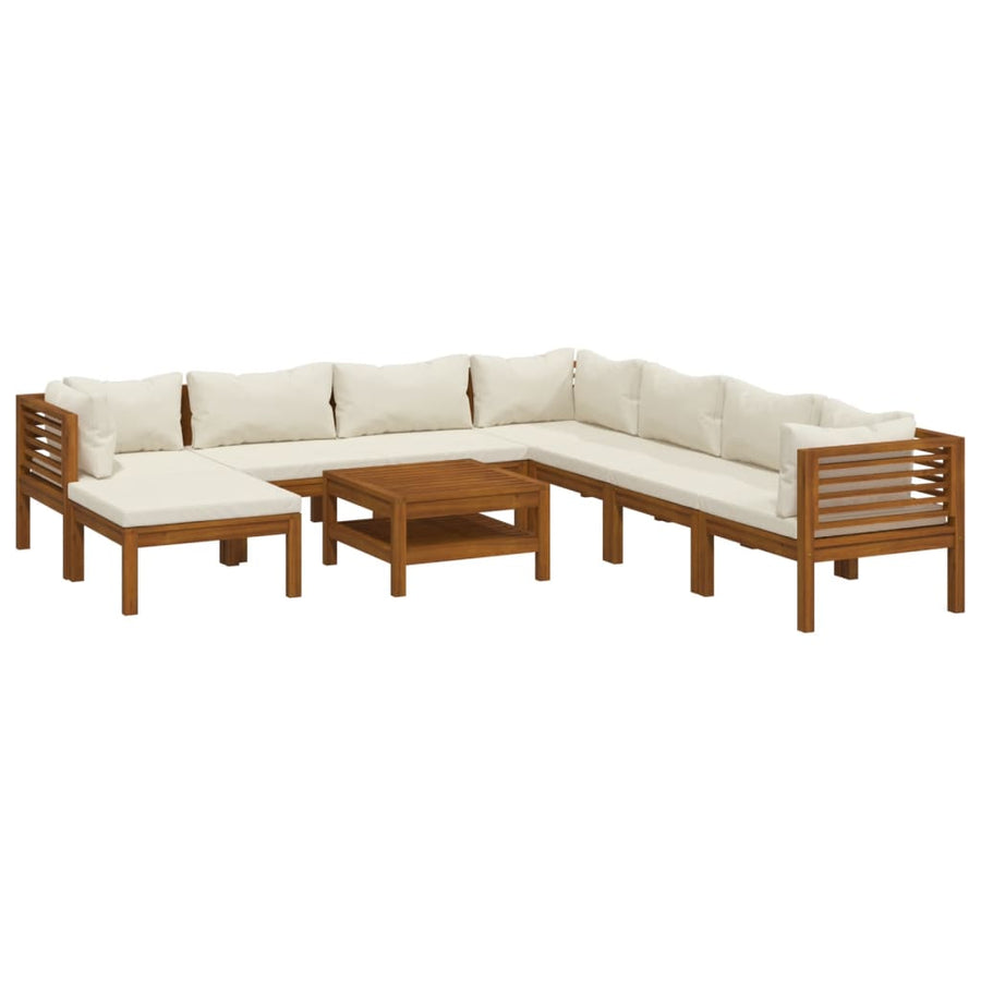 9-Delige Loungeset Met Kleurige Kussens Massief Acaciahout Crème 3x hoek + 4x midden + voetensteun + Tafel