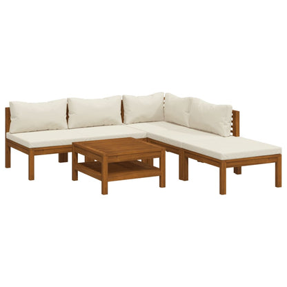 6-Delige Loungeset Met Kleurige Kussens Massief Acaciahout Crème hoek + 3x midden + voetensteun + Tafel