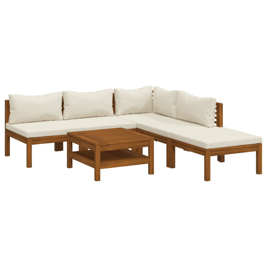 6-Delige Loungeset Met Kleurige Kussens Massief Acaciahout Crème hoek + 3x midden + voetensteun + Tafel