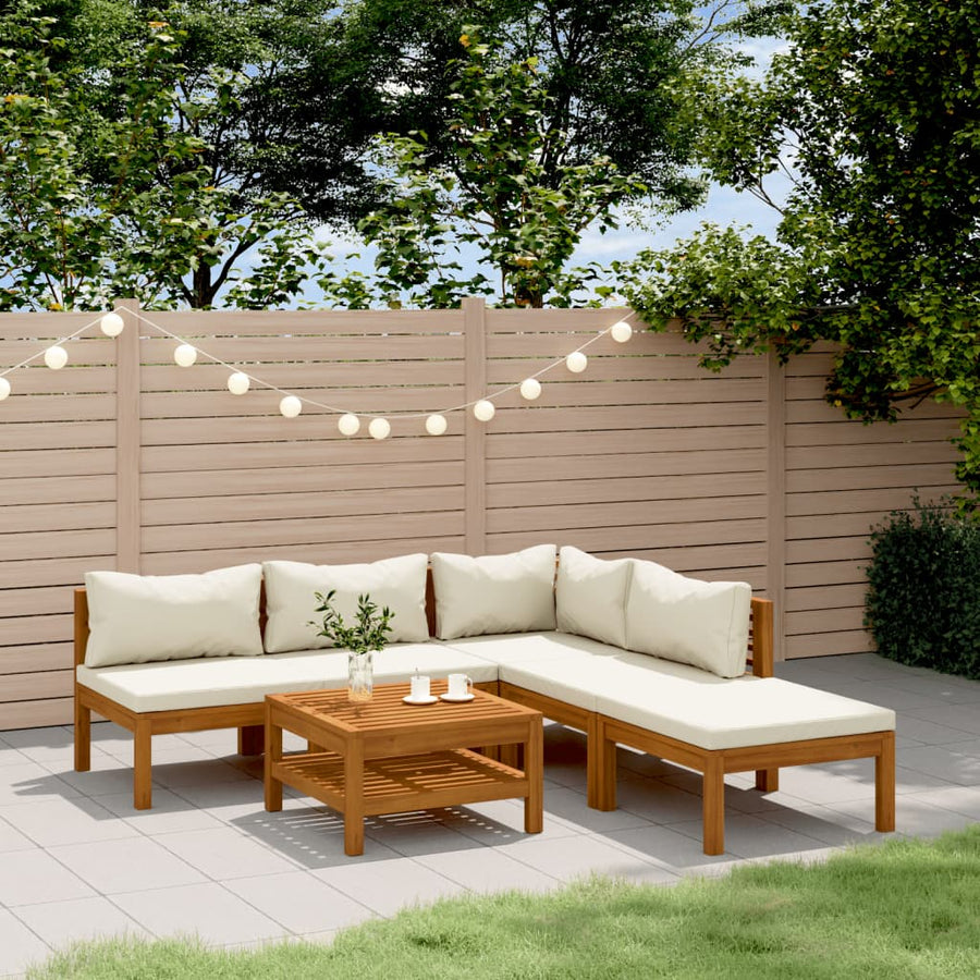 6-Delige Loungeset Met Kleurige Kussens Massief Acaciahout Crème hoek + 3x midden + voetensteun + Tafel