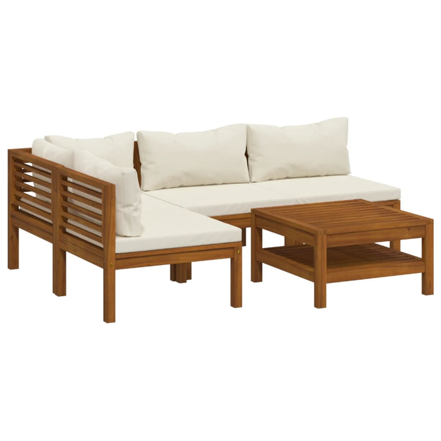 5-Delige Loungeset Met Kleurige Kussens Massief Acaciahout Crème hoek + 3x midden + Tafel