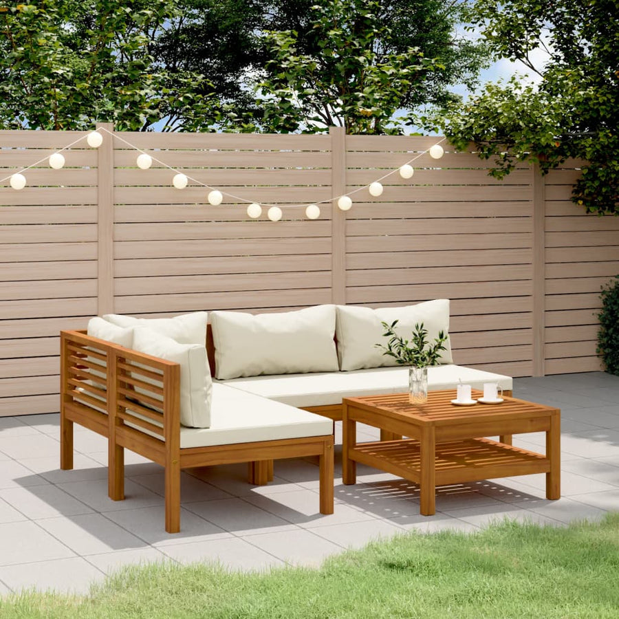 5-Delige Loungeset Met Kleurige Kussens Massief Acaciahout Crème hoek + 3x midden + Tafel