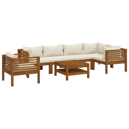 7-Delige Loungeset Met Crèmekleurige Kussens Massief Acaciahout 1 2x midden + 3x hoek + Fauteuil + Tafel