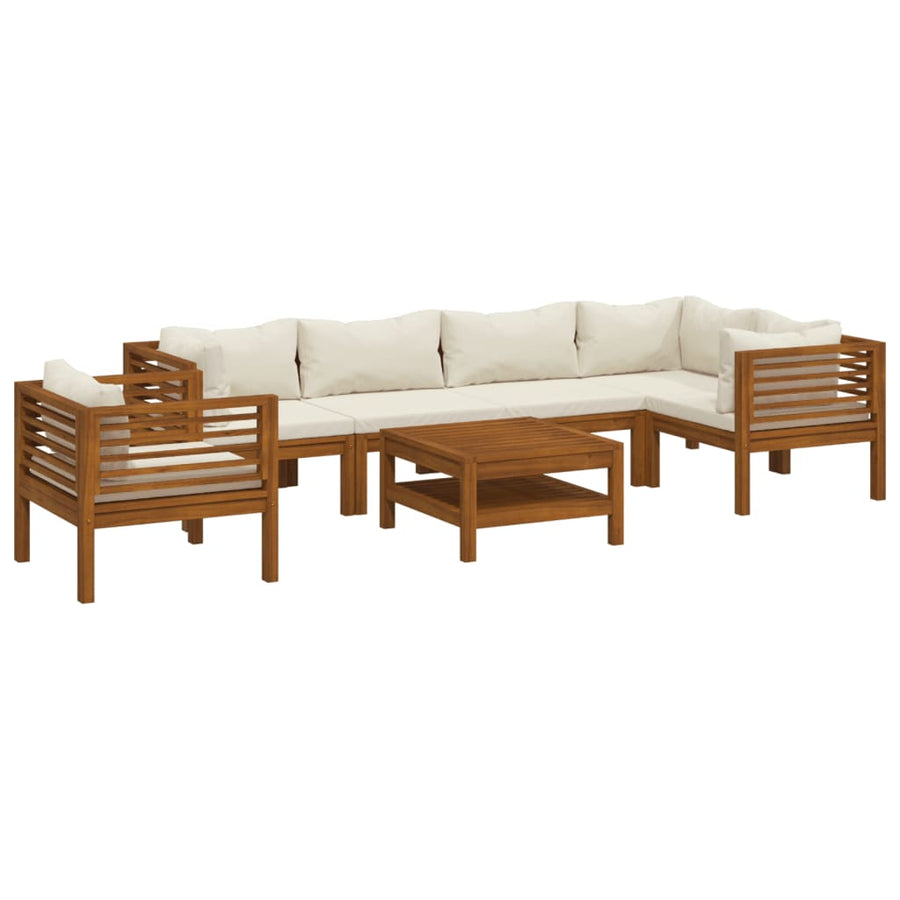 7-Delige Loungeset Met Crèmekleurige Kussens Massief Acaciahout 1 2x midden + 3x hoek + Fauteuil + Tafel